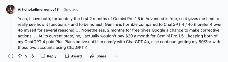 Gemini vs ChatGPT Redditors Opinion