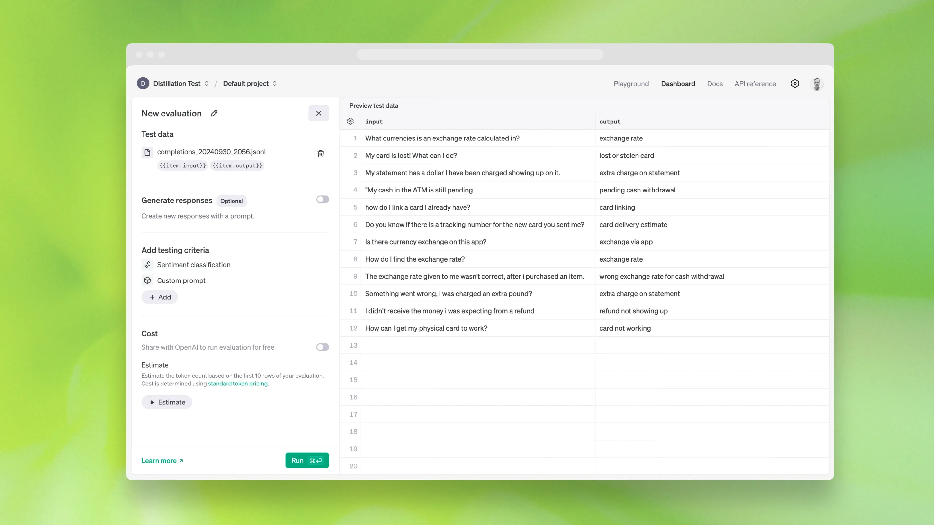 Example of evaluation used for model distillation