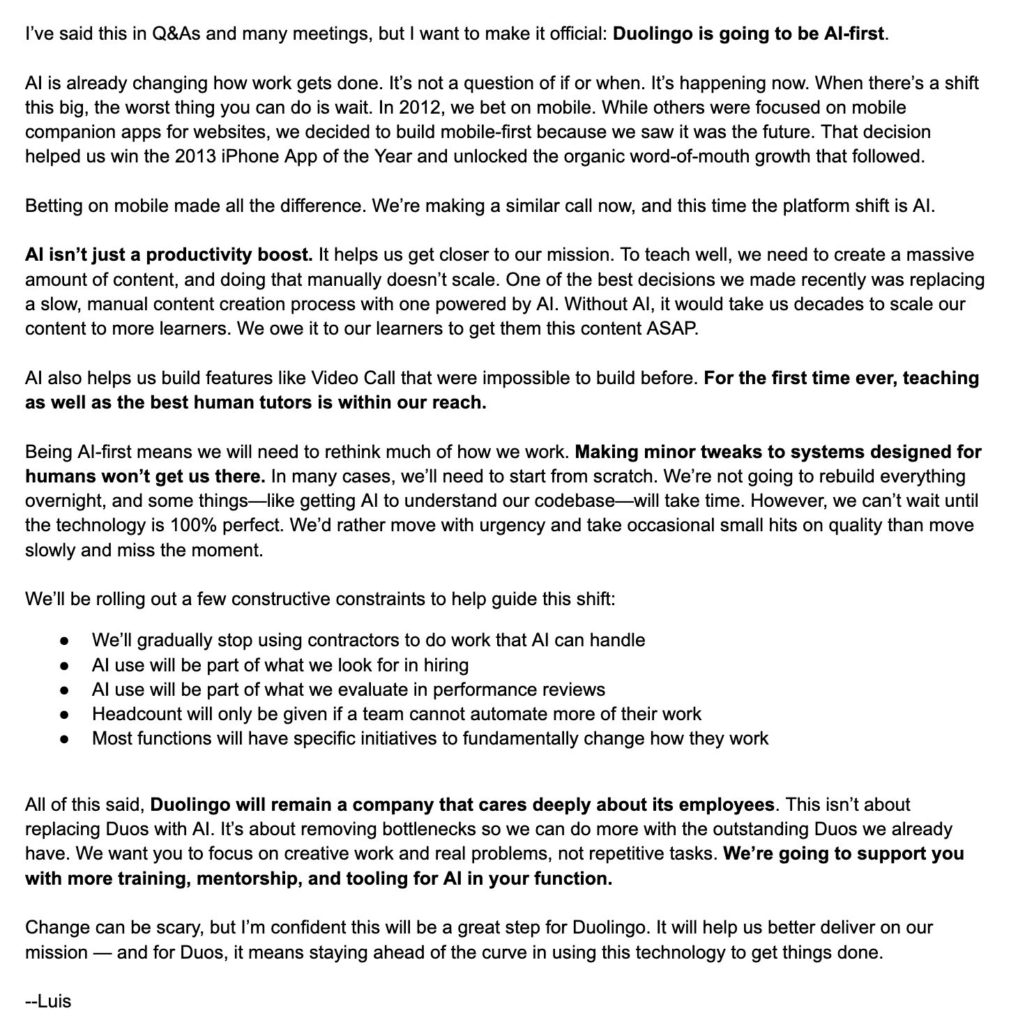 Duolingo CEO saying it is becoming AI first company