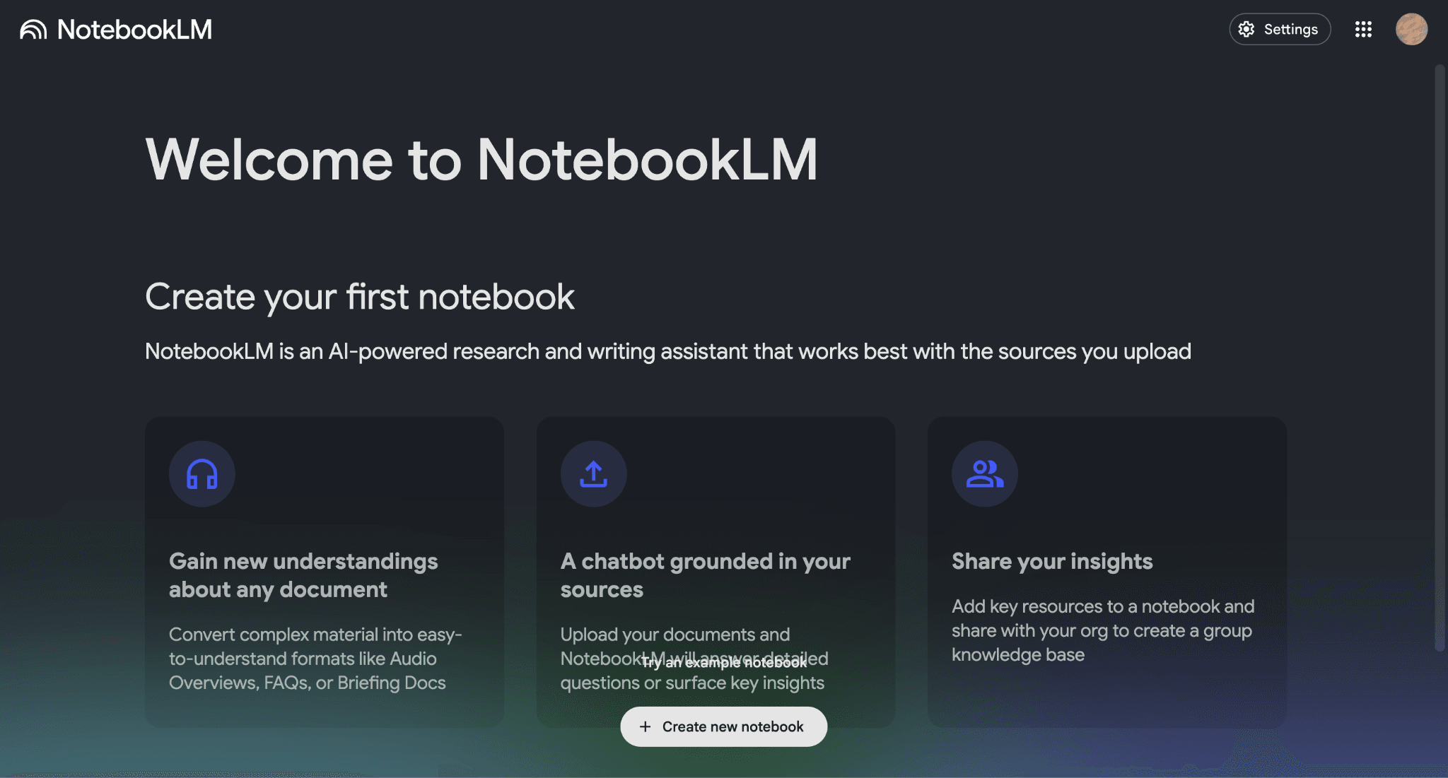 NotebookLM Landing page 