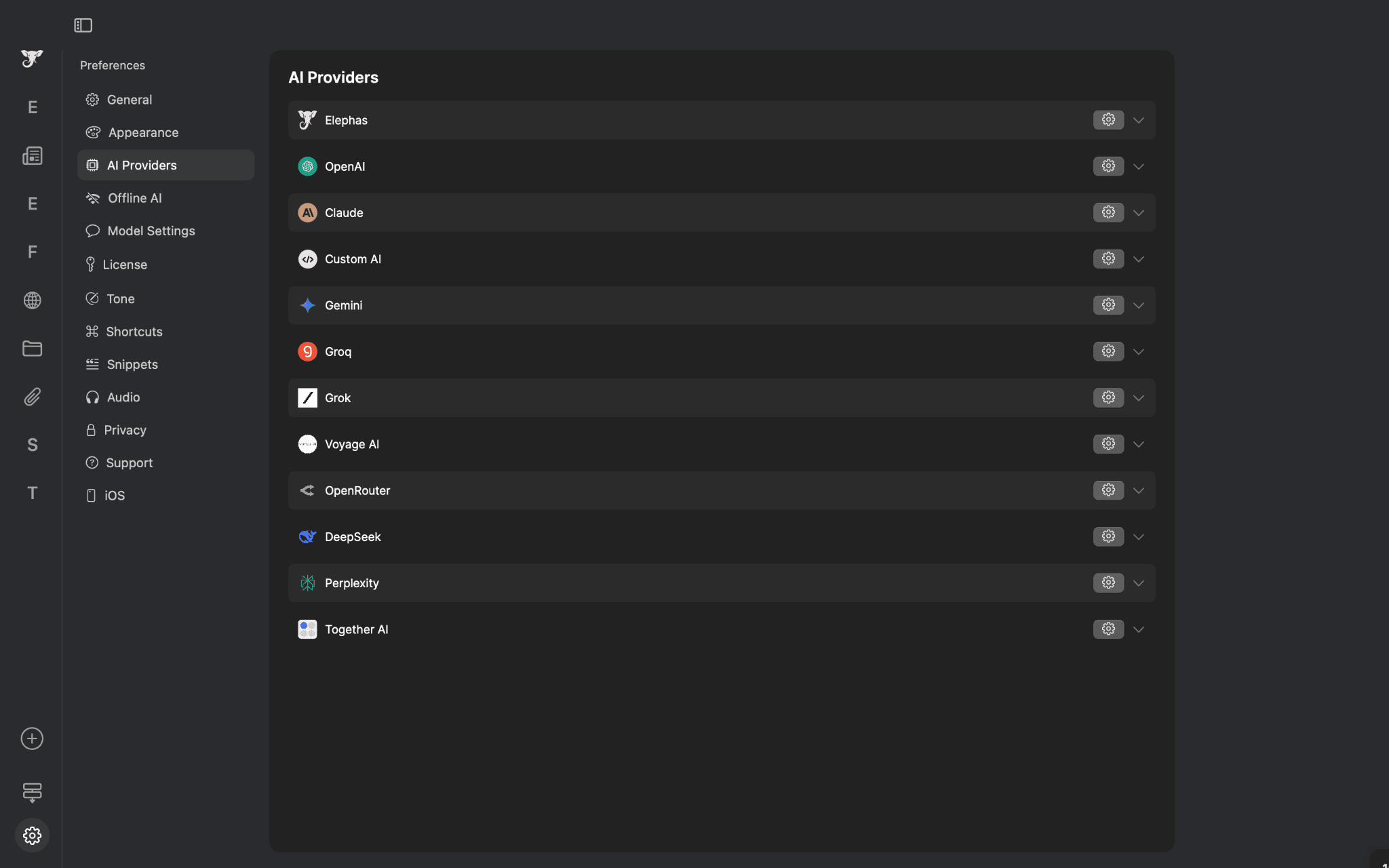 Elephas AI providers page 