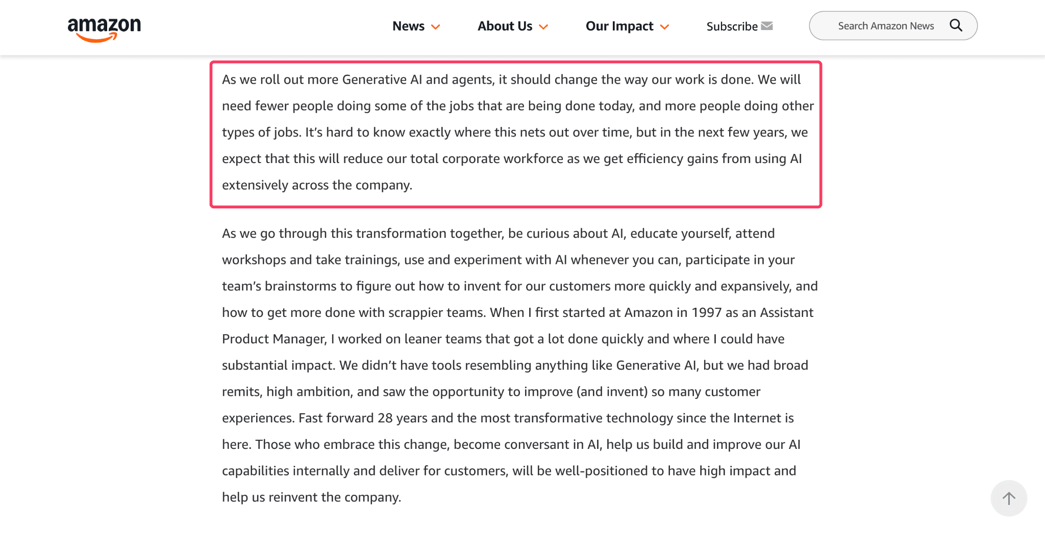 Amazon announcing they will replace workers with AI.