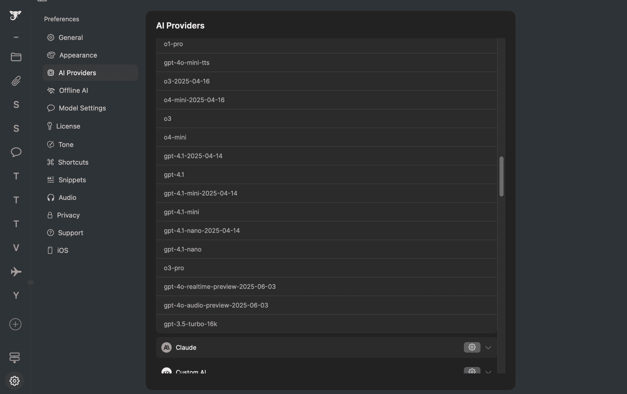 Elephas, different AI model supports.
