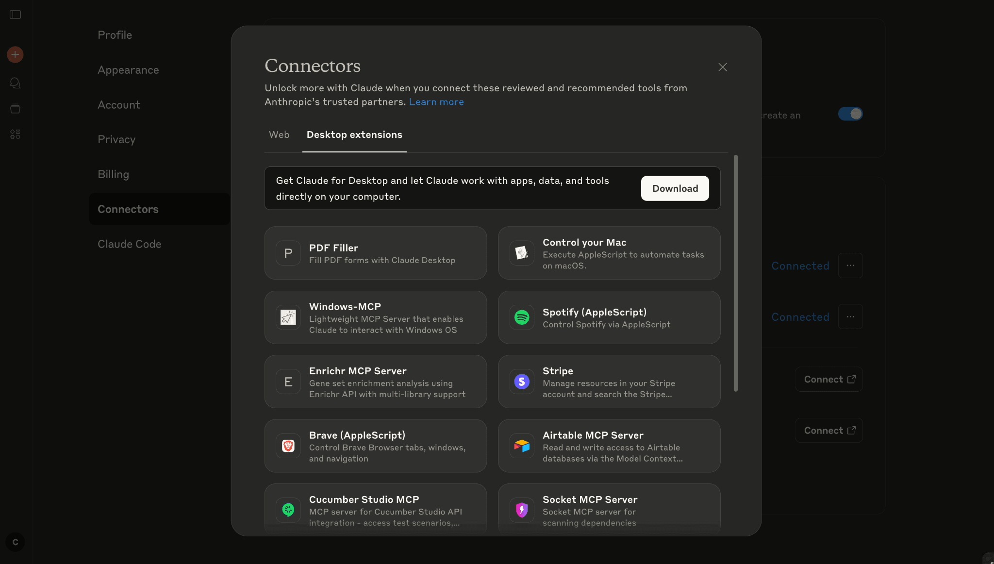 Claude desktop connectors 