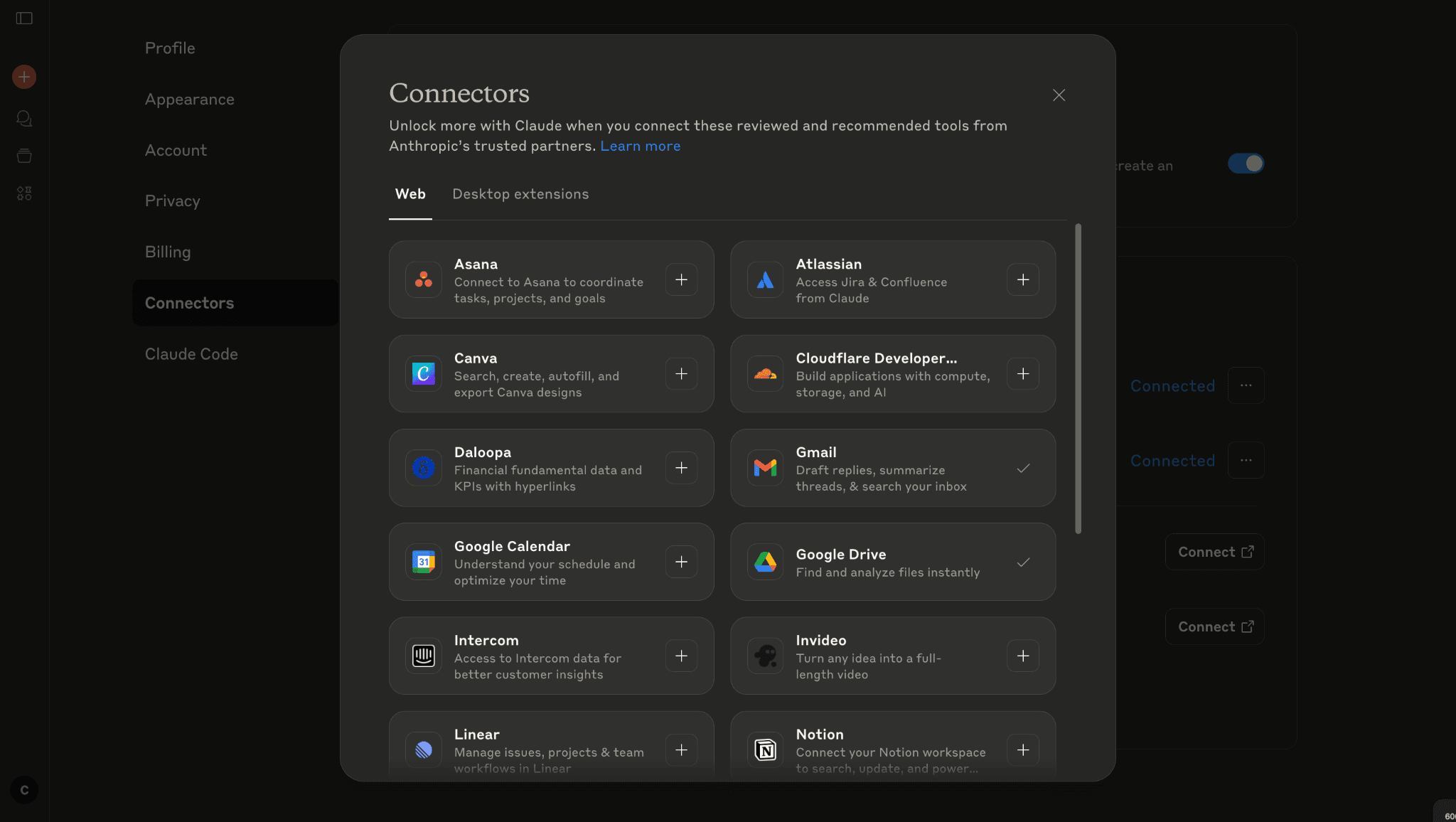Accessing claude web connectors 