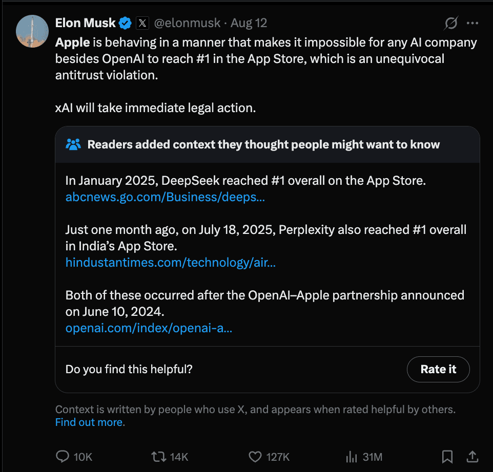 Elon musk tweets against apple 