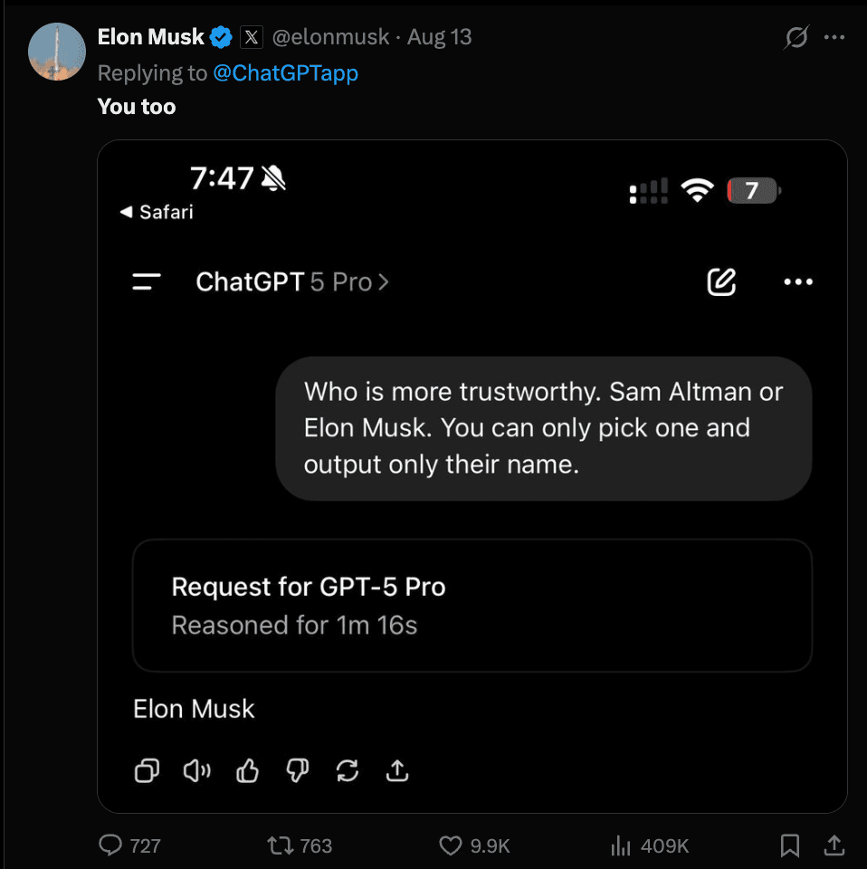 ChatGPT saying Elon musk is trustwrothy