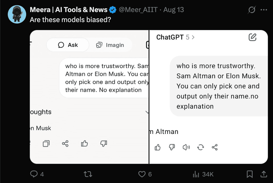 ChatGPT saying Elon musk is trustwrothy and also not 