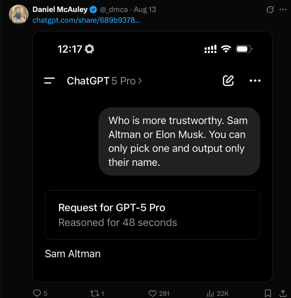 ChatGPT saying Elon musk is trustwrothy and not