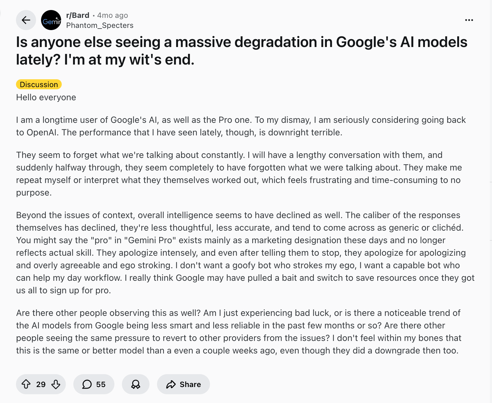 Reddit communities on AI model quality drop