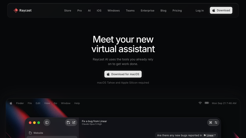 Raycast AI feature page for the Mac launcher
