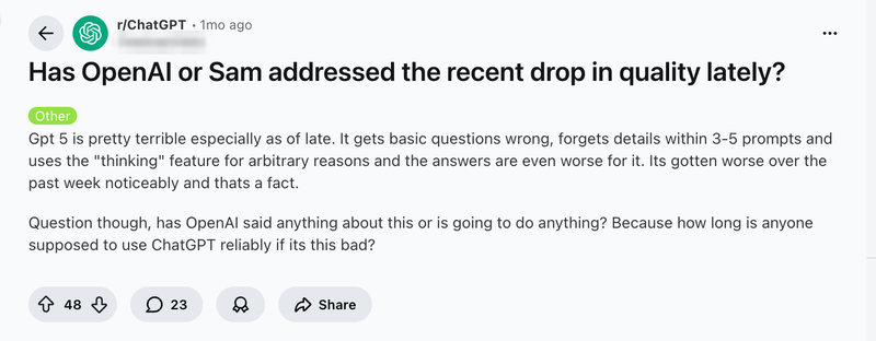 Reddit post in r/ChatGPT asking whether OpenAI has addressed a recent drop in ChatGPT answer quality