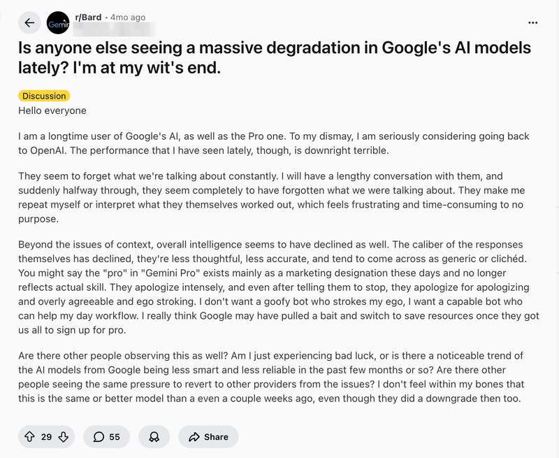 Reddit post in r/Bard reporting that Google's AI models forget conversation context and give less accurate answers