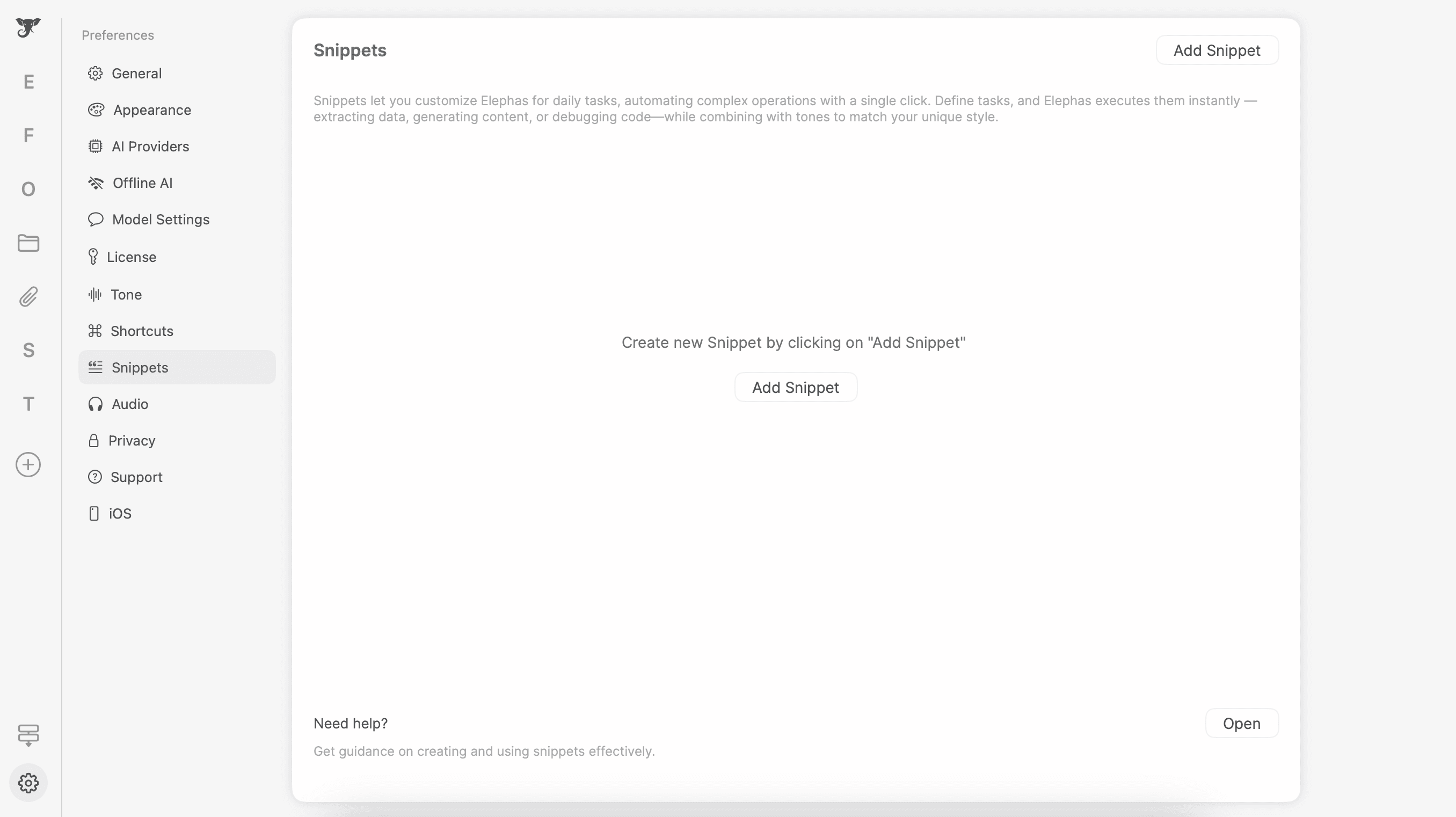 Elephas Snippets feature 