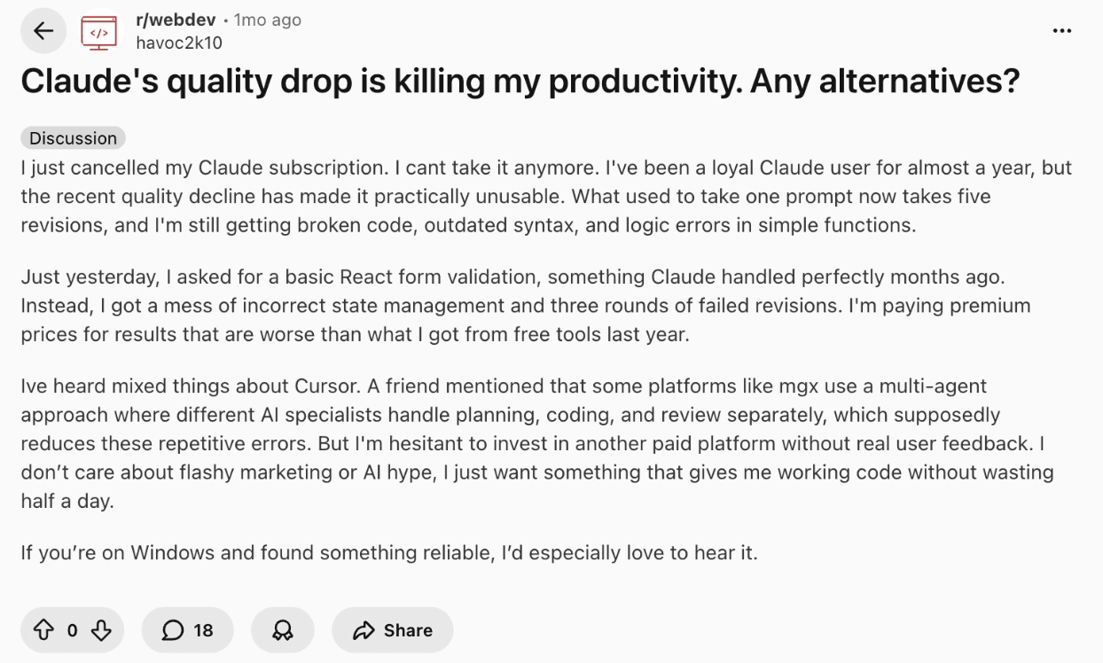 Reddit communities on AI model quality drop