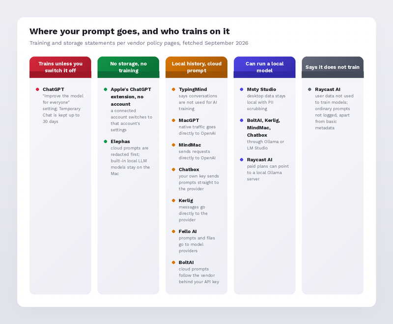 Training and storage statements by app: ChatGPT trains unless switched off, Apple's extension and Elephas store nothing, clients that keep history local but send prompts to the cloud, and apps that can run a local model