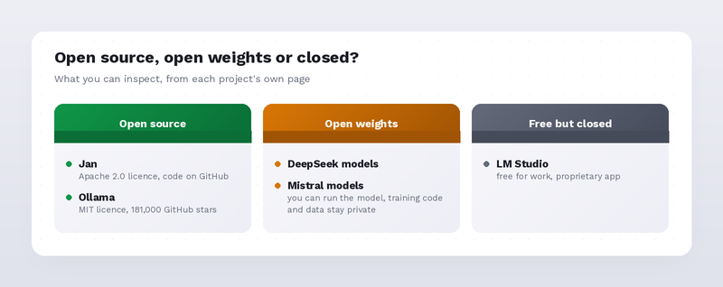 Jan and Ollama as open source, DeepSeek and Mistral as open weights, and LM Studio as free but closed