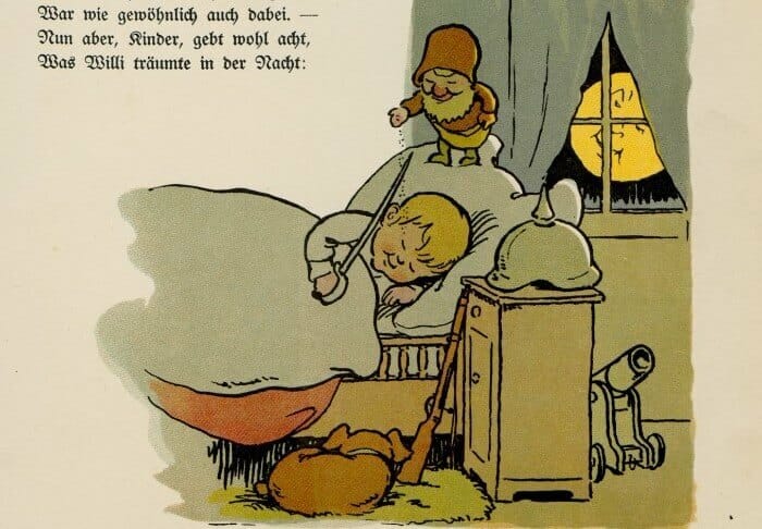 Illustration of a boy asleep in bed holding a sabre, while a dwarf stands over him admiring the weapon