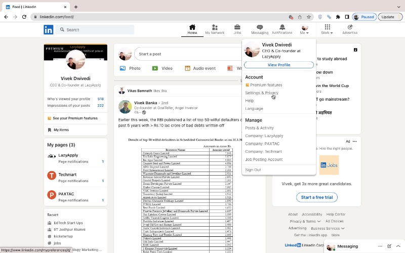 Setting and Privacy Section on Linkedin