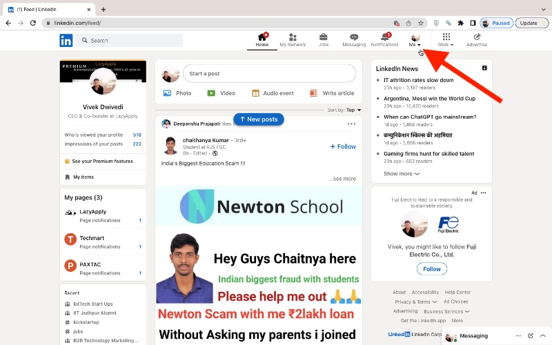 Profile photo drop down of Linkedin