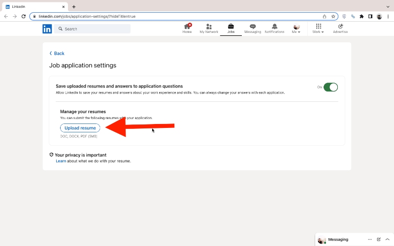 shortcut to upload resume on Linkedin