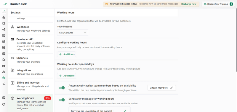 How to Automate Working Hour Messages on DoubleTick