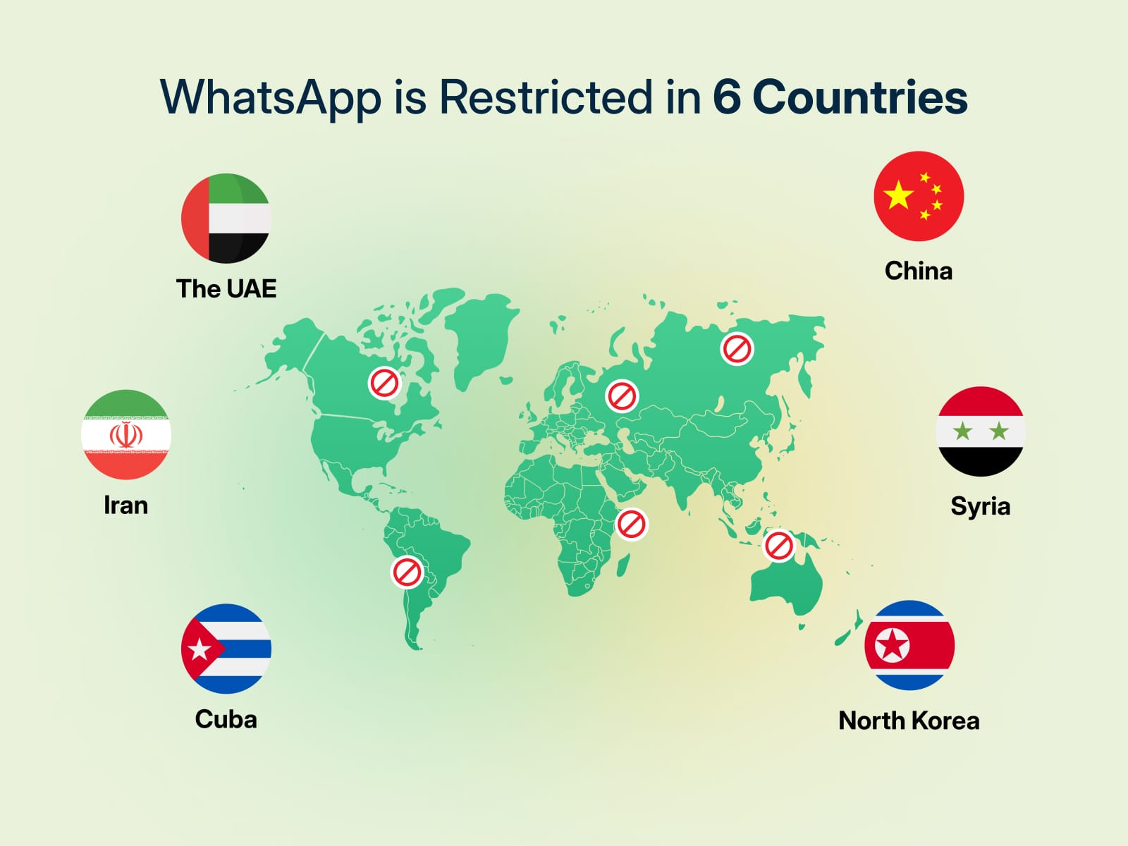 WhatsApp is restricted in China, the United Arab Emirates, Syria, Iran, North Korea, and Cuba