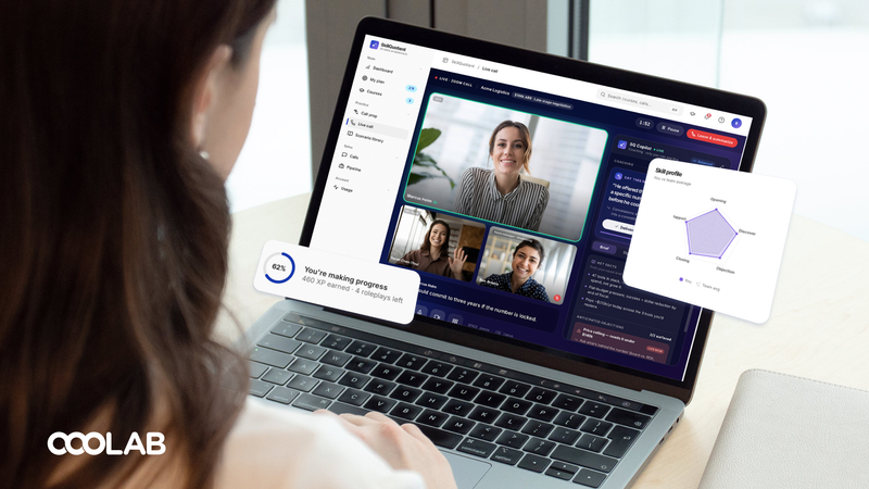 Sales rep rehearsing an executive pitch with an AI roleplay simulation - LearningOS