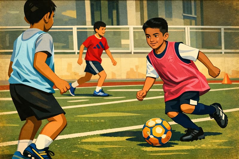 Kids playing soccer.