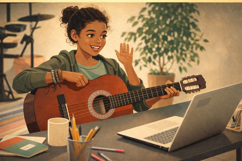 Kid playing guitar lessons online