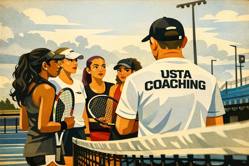 A USTA tennis camp with a tennis coach teaching his students.