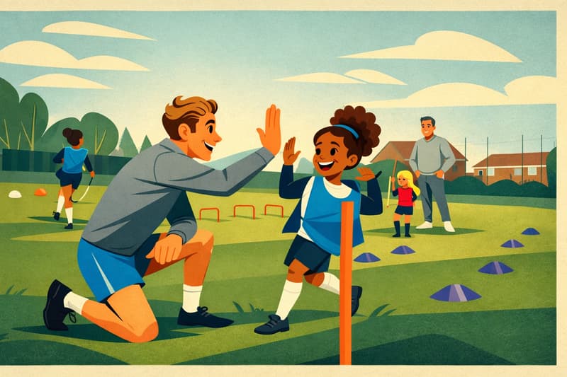A young girl and her soccer coach high-fiving.