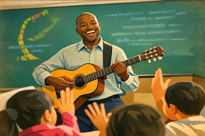 A guitar teacher stands in the middle of the class.