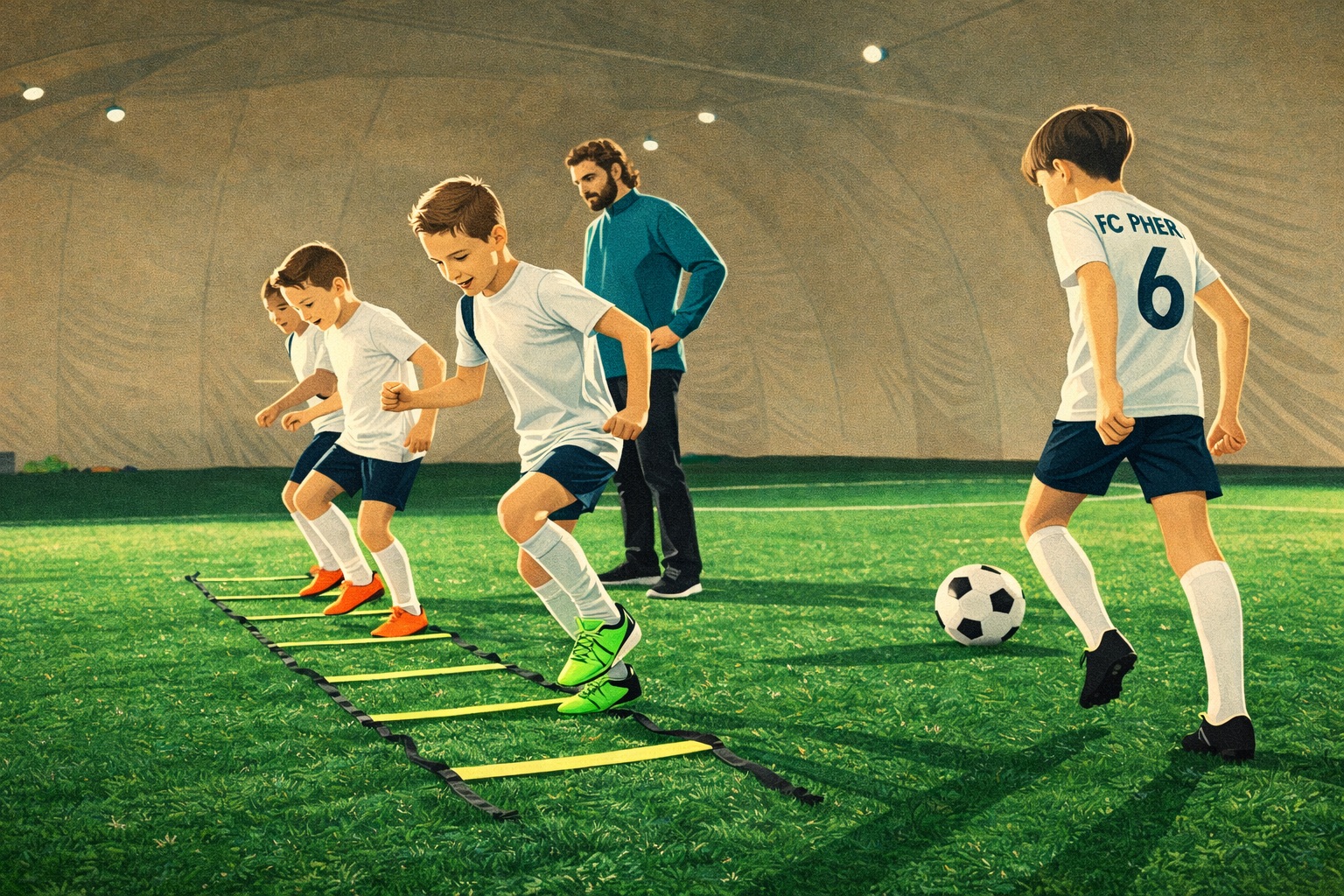 Young soccer players doing an agility drill.