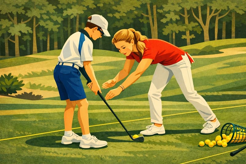 A golf coach teaches a young player how to swing.