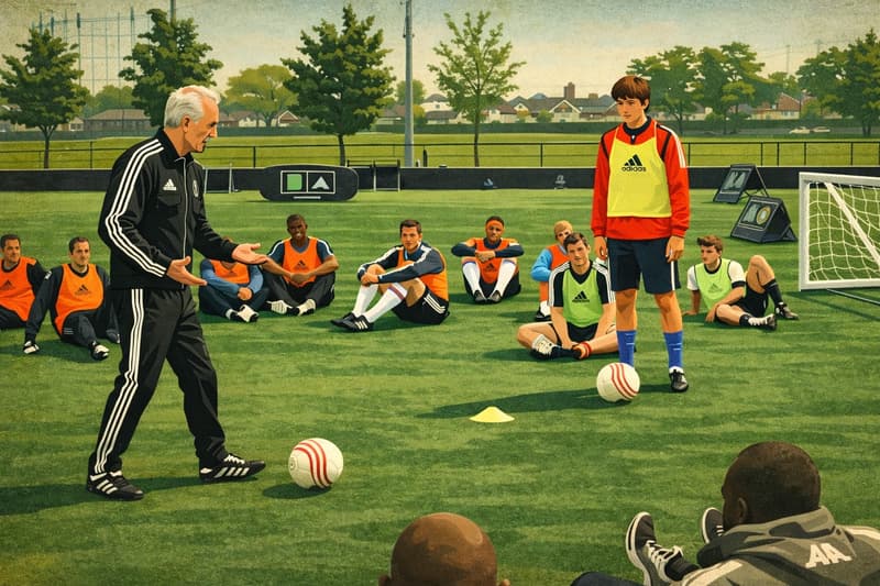 Soccer players are looking at their coach while he gives them instructions.