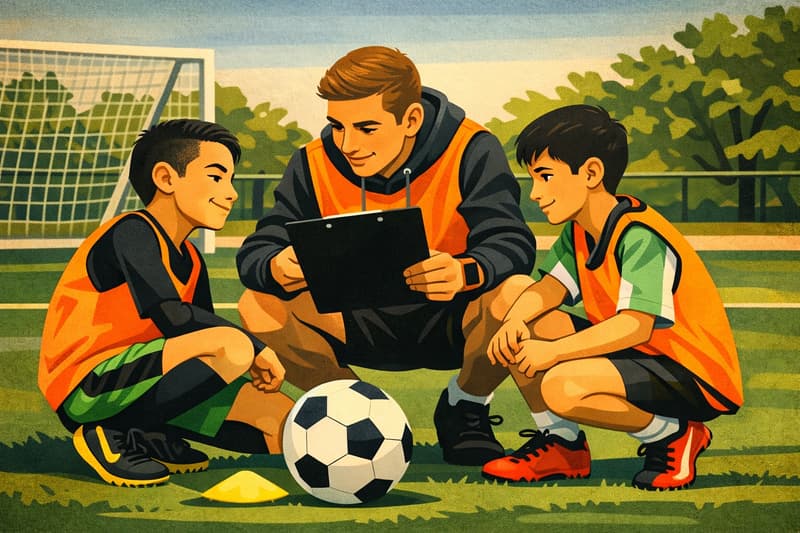 A soccer coach talks to 2 of his students.