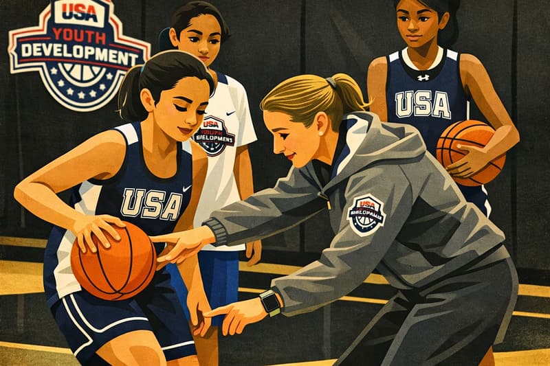 A basketball coach with her athlete at the USA Youth Development Camp