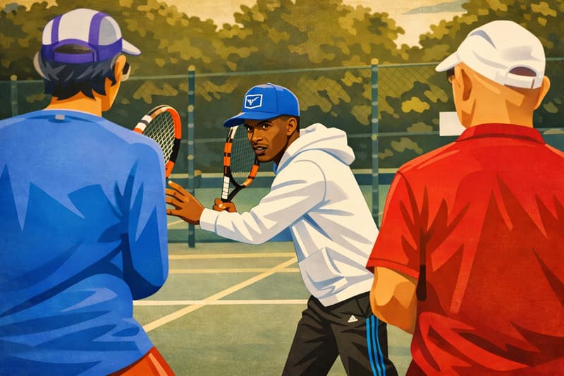 Tennis coach coaching.