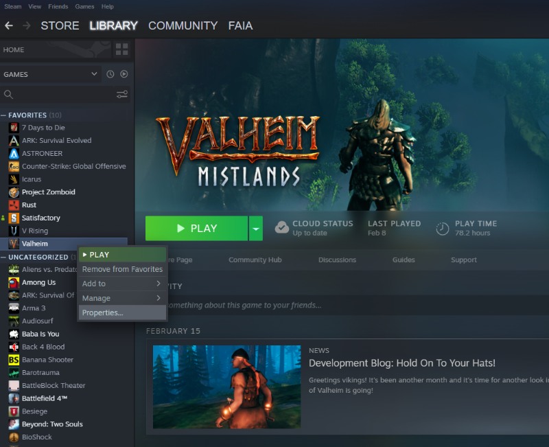 Steam Window after cursor right clicks Valheim game