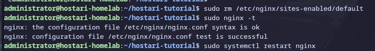 After symlinking your new config, you need to remove the default config, test nginx, and restart the process.
