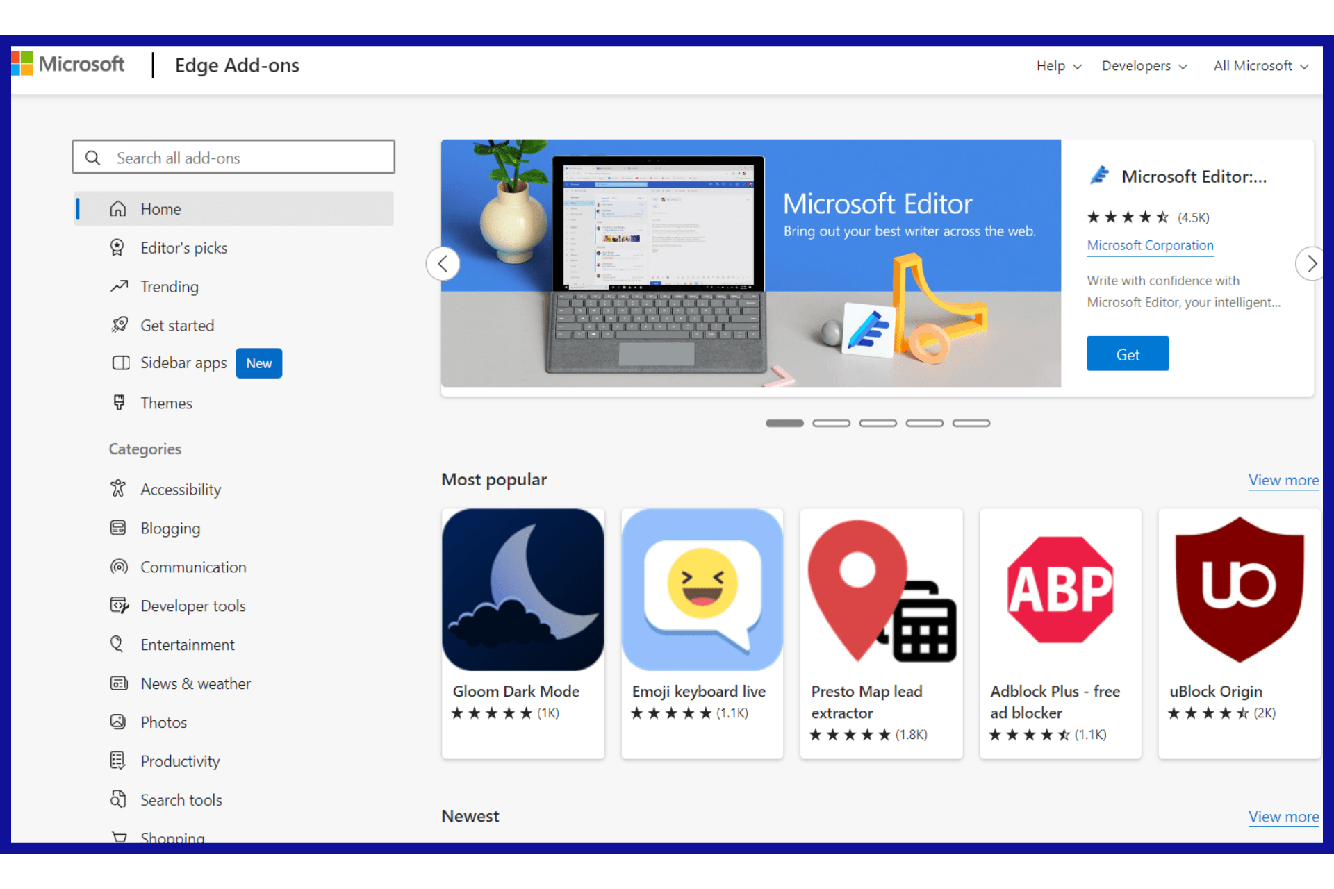 Microsoft edge store showing extensions or add-ons