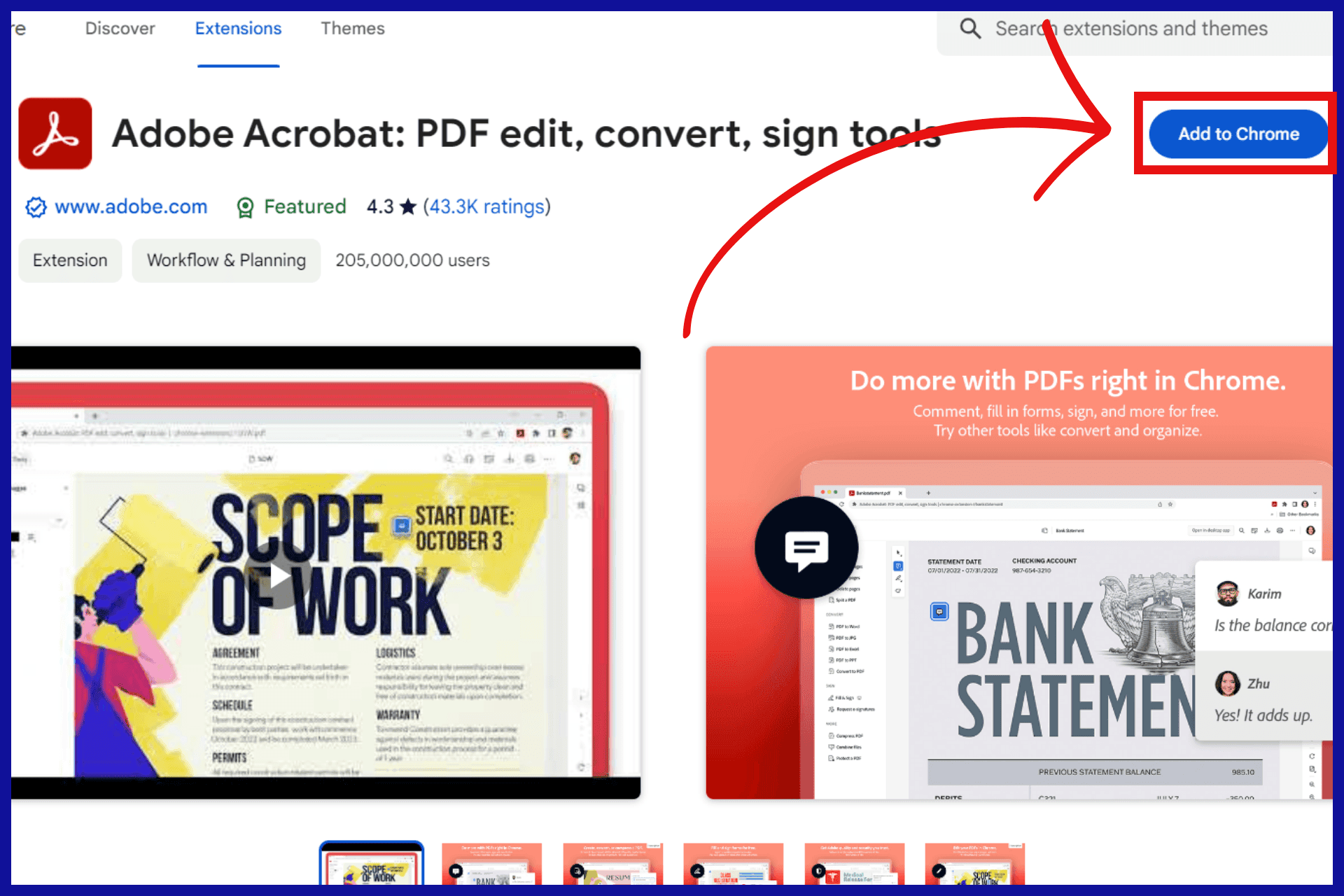 Highlighted "Add to Chrome" button on Adobe acrobat's extension