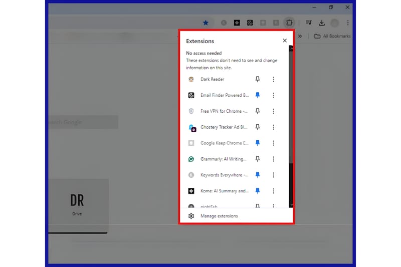 The drop down menu that pops us after you click on the puzzle piece icon in Chrome broowser