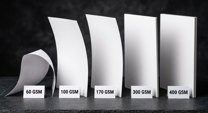 Five paper sheets standing upright showing real-life rigidity difference from 60 GSM flopping to 400 GSM standing perfectly straight with GSM labels at base