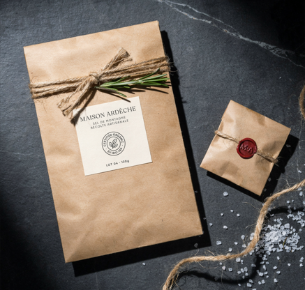 Minimal kraft paper packaging with a printed sustainability certification label on a slate surface