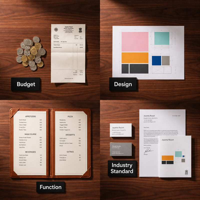 Four paper GSM decision factors shown as flat lay quadrants — budget, design, function and industry standard on dark walnut surface
