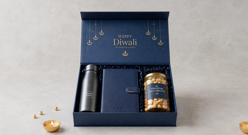 Diwali gift set box with custom bottle, diary and dry fruits jar.
