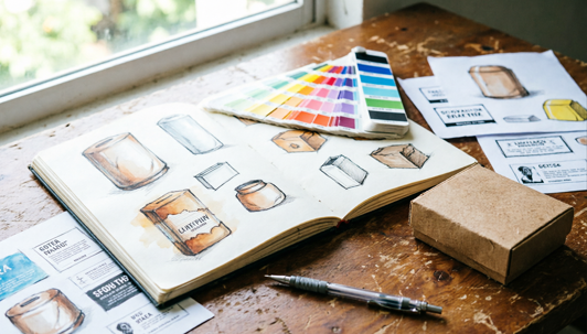 An overhead shot of a designer's work desk with packaging sketches, Pantone swatches, label proofs, and a kraft prototype box