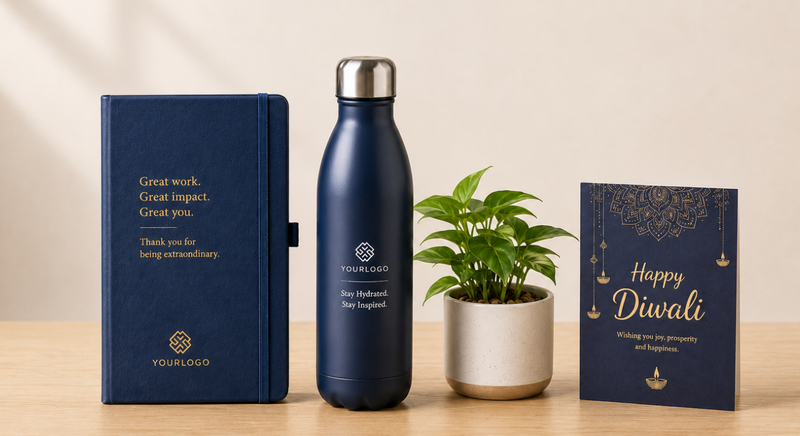 Blue custom diary, bottle, planter, and Diwali greeting card set.